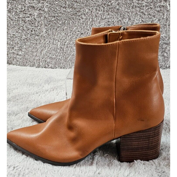 NEW LINEA PAOLO Viva Pointed Toe Brown Leather Ankle Booties Stacked Heel Sz‎ 12 - Picture 1 of 8